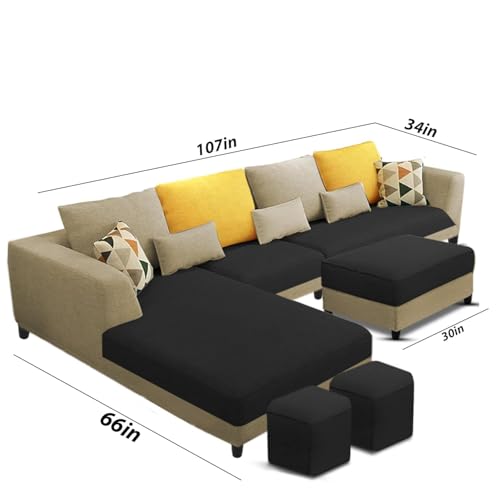 Image of Casaliving Minta 8 Seater L Shape Sofa Set with Ottoman & 2 Puffy for Living Room (8 Seater LHS, Cream Black)