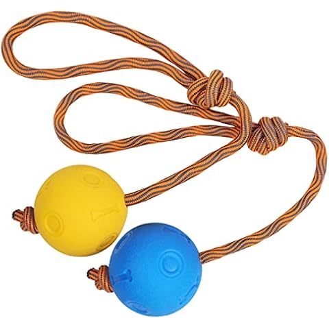 Dog Ball with String, 2 Pieces Throwing Balls with Rope, Durable, Soft and Elastic Solid Rubber Ball for Agility and Extremely Wide Throws, Catch and Pull War (5 cm, Blue + Yellow) Cover