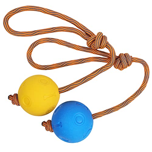 2 Pièces Balle pour Chien avec Corde, Balle de Caoutchouc Solide Durable sur Une Corde, Ldéal pour Ramasser, Attraper, Lancer et Tirer à la Corde (7 cm, Bleu + Jaune) Cover