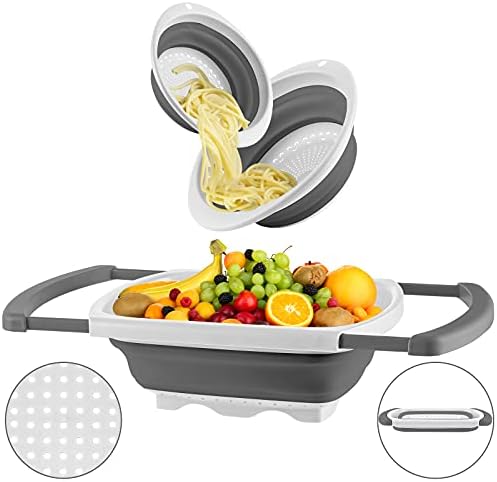 QiMH Collapsible Colander Set of 3-1pc 6 Quart Over the Sink Silicone Strainer - 1pc 4 Quart and 1pc 2 Quart Folding Strainers - Dishwasher Safe(grey&white)