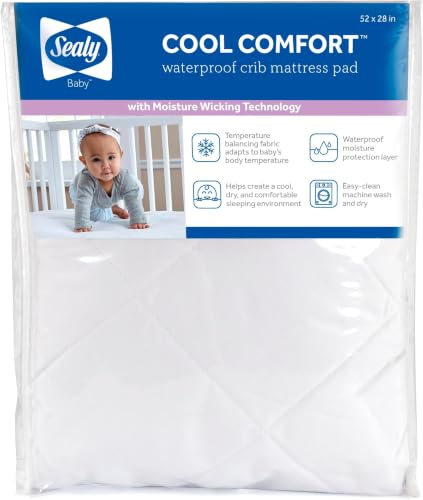 Image of Sealy Baby Cool Comfort Cooling Breathable Waterproof Crib Mattress Protector Pad, Toddler Bed Cover, Infant and Newborn Durable Comfortable Topper, Machine Washable and Dryer Friendly, 52x28 inch- White
