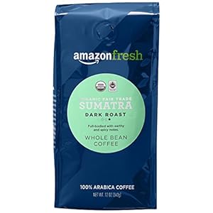 Amazon Fresh Organic Fair Trade Sumatra Whole Bean Coffee, Dark Roast, 12 Ounce