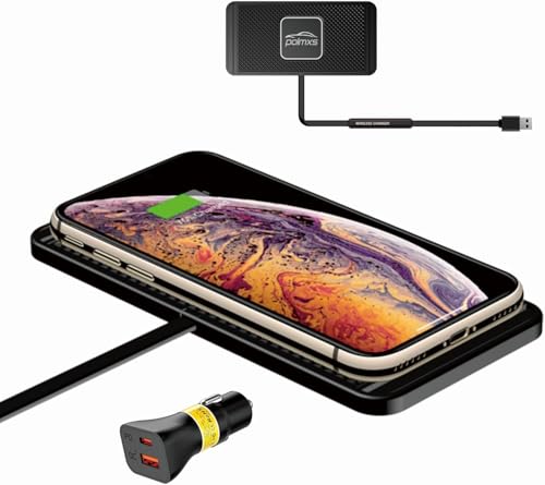 Cargador de inducción de coche de 15 W (con adaptador QC3.0 y cable de 30 Cm), alfombrilla de carga antideslizante, compatible con iPhone 15-11/Samsung S24-S22/AirPods
