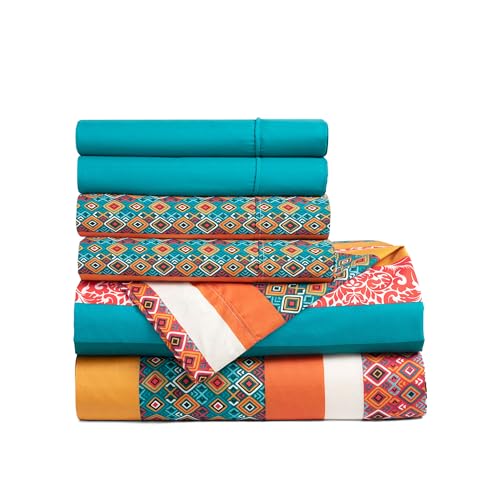 Image of Lush Decor Boho Stripe Soft Sheet 6 Piece Set, Queen, Turquoise & Tangerine