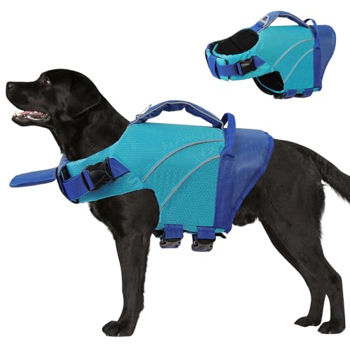 Queenmore Dog Life Jacket Large Pet Pool Float with Chin Float Large Dog Life Vest for Swimming Adjustable Ripstop Pet Life Vest for Water at Pool Beach Boating (Blue XL)