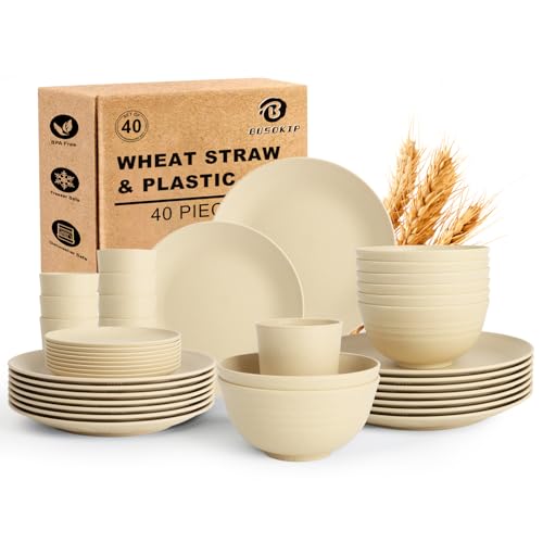 6% off - BUSOKIP 40 PCS Wheat Straw Dishes Sets | Reusable Dinnerware Set for 8 - Dinner Plates, Cereal...