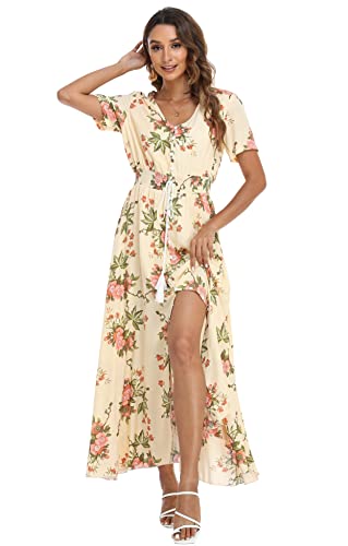 Image of VintageClothing Women's Floral Maxi Dresses Boho Button Up Split Summer Casual Long Dress Beach Party Dress