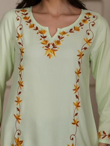 Image of QAZMI Women Kashmiri Aari Embroidered A-Line Viscose Rayon Short Kurti with Full Sleeves
