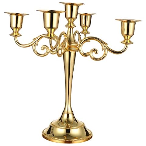 Candle Holder 5-Arms Metal Candle Stand for Taper Candles, Vintage Candelabra Decorative Candlestick Holder for Wedding Candlelight Dinner Party Tabletops Home Decoration (Gold) Cover