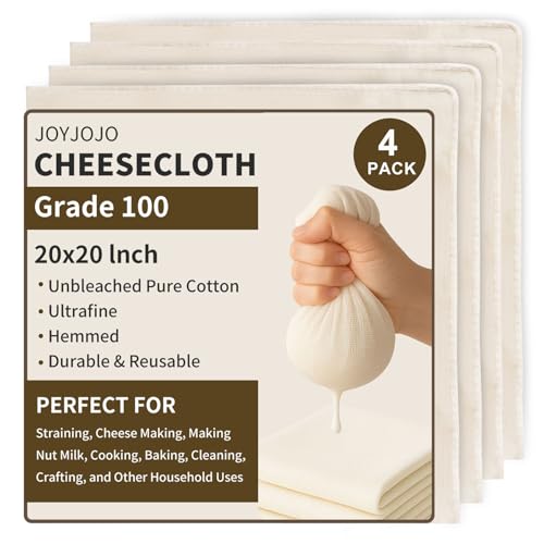 Cheesecloth 4-Pack 20x20 Inch – Organic Unbleached Cotton Grade 100, Reusable Hemmed Cloth for Cooking, Juicing, Cheese & Nut Milk Making