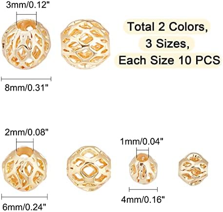 PandaHall 3 Sizes Real 18K Gold Silver Plated Hollow Beads, 60pcs Round Filigree Beads Brass Metal Spacer Beads for DIY Crafts Bracelets Necklaces Earrings Jewellery Making, 4/6/8mm