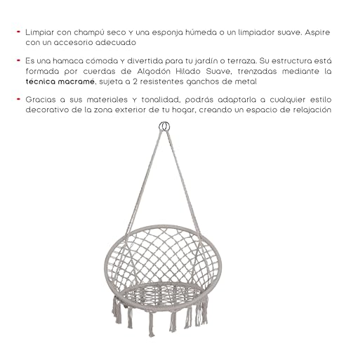 TIENDA EURASIA – Silla Colgante Exterior | Material Tejido de Cuerda Macarmé de Algodón Hilado Suave | 2 Ganchos de Metal | Color Gris Claro | Asiento Ancho de Encaje | 80x40cm - imagen 2