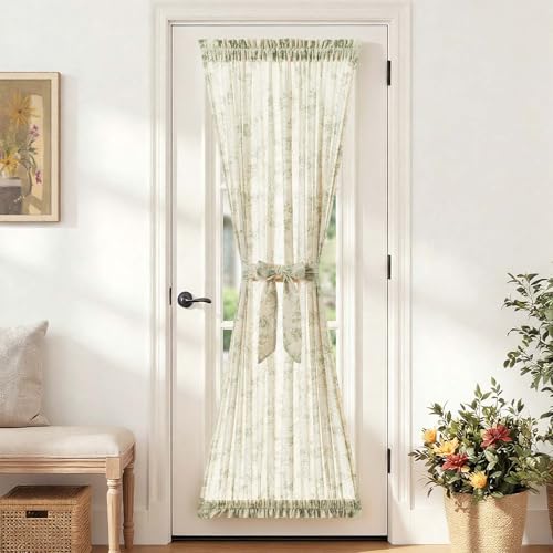 Image of jinchan Floral French Door Curtain Panel Farmhouse Decor Light Filtering Linen with Tie Up Bow for Glass Door or Patio 72 Inch Length Rod Pocket 1 Panel Green on Linen