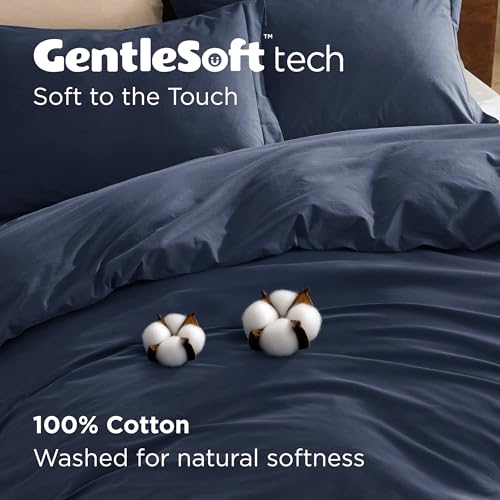 Bedsure 100% Washed Cotton Duvet Cover King Size - Navy Minimalist Cotton Duvet Cover Linen Like for All Seasons - GentleSoft™ Plain Simple Bedding (Navy, King, 104"x90")