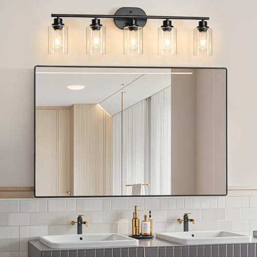 Image of Unicozin 5 Light Bathroom Light Fixtures,33.5 Inch Vanity Lights for Bathroom, Lacquered Black Wall Lamp with Clear Glass for Mirror, Living Room, Hallway, Cabinet, E26 Base