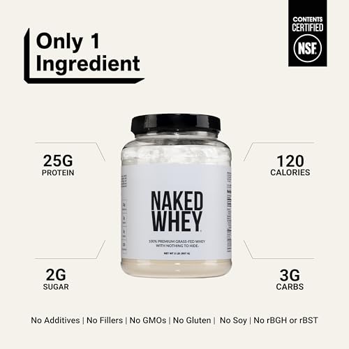 Image of NAKED Whey 2LB 100% Grass Fed Whey Protein Powder - Only 1 Ingredient, Unflavored Whey Protein, NSF Certified, Undenatured, Gluten Free, Soy Free, No GMOs, No Preservatives