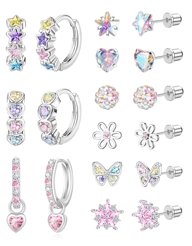 Hypoallergenic Earrings for Girls Women,Surgical Steel Screw Back Earrings for Little Girl Cute Kids Earrings Set for Sensitive Ears Screw back Stud Toddler Earring Set Kids Jewelry for Teen Girls