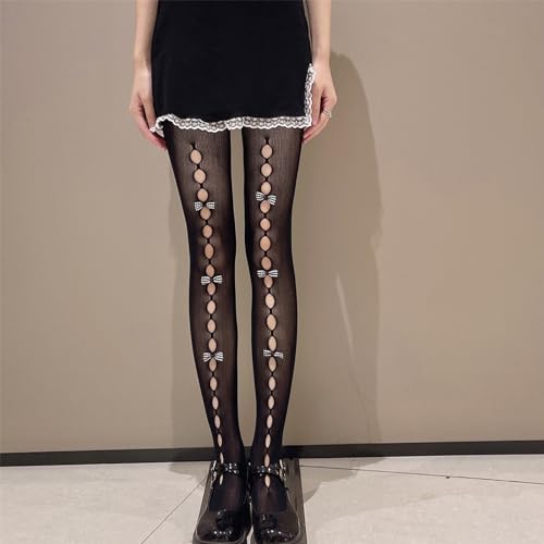 Image of SOLILOQUY Women's Lolita Pattern Tights Kawaii Velvet Bowtie Fishnet Stockings Leggings Mesh Pantyhose Hollow Out lace Socks