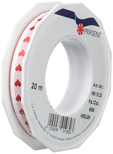 Präsent Herzilein - Lazo de tafetán con diseño de Corazones (1 Unidad, 15 mm x 20 m), Color Rojo