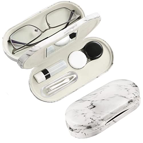 MULOVE Eyeglass and Contact Lens Case, 2 in 1 Portable Glasses with Marbling, Multifunction, Durable, Compact