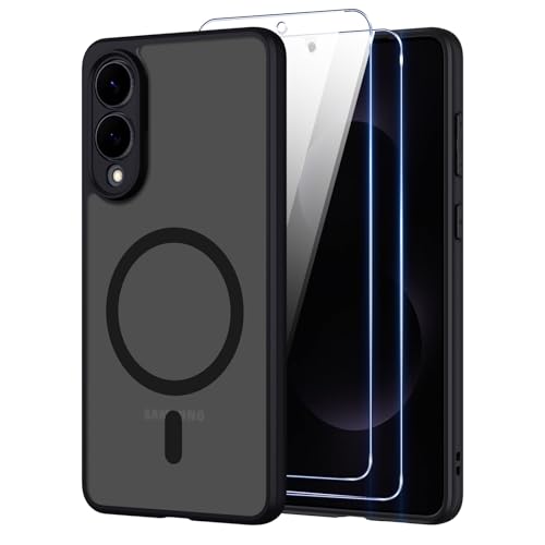 Pnakqil Magnetica Cover per Samsung Galaxy S25 Edge 5G Compatibile con MagSafe con 2 Vetro Temperato,Custodia Traslucida Opaca Protezione Militare Antiurto Robusta Protettiva Case,Nero