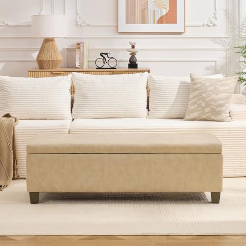Image of 51 Inch Storage Ottoman, Storage Bench with Safety Hinge, Upholstered Synthetic Leather Ottoman Bench for Bedroom, Living Room, Entryway, Hallway, Foot Rest, Support 500lbs