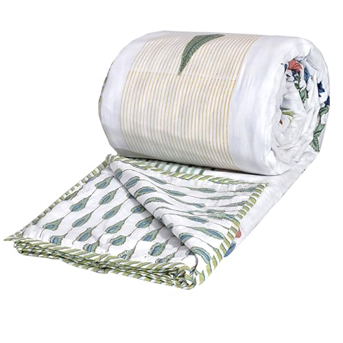 Image of TOAIArt Premium Jaipuri Dohar | AC Blanket Summer Quilt | Hand Block Printed | 3 Layers | Reversible | 150GSM 100% Mulmul Cotton | 100% Cotton Flannel Filling | Queen 90 inch X 108 inch |Floral Panel