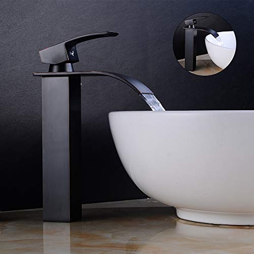 Preisvergleich Produktbild Wrighteu Waschtischarmatur Waschbeckenarmatur mit Wasserfall Wasserhahn Bad Mischbatterie Badarmatur für Waschbecken Spültisch Badezimmer Hoch aus Messing (Hoher Auslauf, Schwarz)