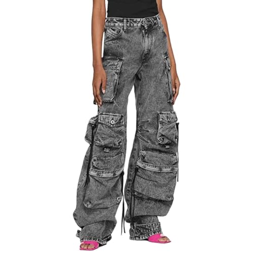 Hip hop Washed Multi Pocket Workwear Jeans, Street Fashion Wide Leg Pants Cargo Jeans for Women
