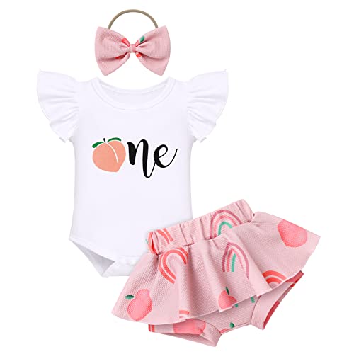 1st First Birthday Outfit Girl Flying Sleeve Ruffled Romper+Tutu Skirt Bloomer Shorts+Headband 3PCS Summer Clothes Baby One Year Old Birthday Gifts Cake Smash Party Photo Shoot Peach 6-12 Months
