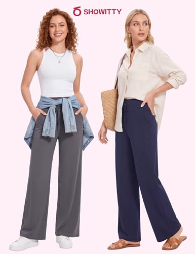Image of Showitty 1 /3 Pack Women's Wide Leg Pants with Pockets, Casual Loose Pajama Palazzo Trousers Sweatpants for Yoga Lounge