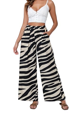 Ystguic Women Elastic Waist Palazzo Wide Leg Zipper Button White Black Zebra Stripe Animal Print Viscose Rayon Tapered Dress Pant with Pockets for Office Vocation Work Casual Beach Trouser Medium M