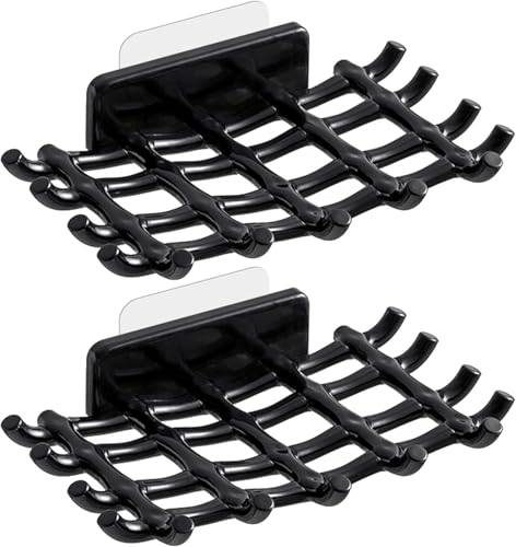 Image of Self Adhesive Soap Holder for Bathroom Wall | Plastic Soap Stand with Drain Tray | Wall Mounted Soap Dish | No Drilling Bathroom Soap Holder (02 Grid Shape Black Color)
