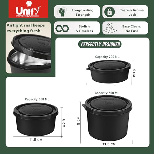 Image of Unify 3 Pieces Stainless Steel Lunch Box | Microwave Safe Leak-Proof Food Storage Containers with Lids for Office, School, Kitchen (Black, Capacity - 600ml, 400ml, 250ml)