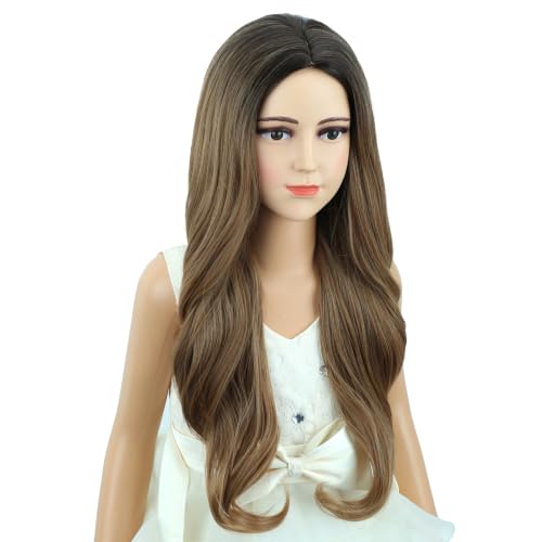 Image of Black Ombre Brown Wig Long Black Ombre Brown Middle Part Wig Long Wavy Curly Wigs Heat Resistant Synthetic Wigs for Daily Party Use