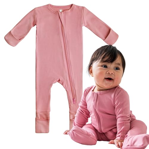 Image of Dreamland Baby Bamboo Viscose Baby Pajamas (0-9 months). Ultra Soft Viscose Sleepers with 2-Way Zipper, Mitten & Foot Cuffs