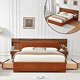 QNZK Queen Size Wood Bed Frame with Built-in Nightstands, Linen Platform Bed Frame with 2 Drawers, Natural Wood Grain & Luxury Upholstered Storage Headboard，No Box Spring Needed, Easy Assembly, Ocher