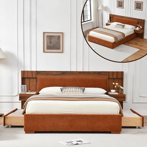 QNZK Queen Size Wood Bed Frame with Built-in Nightstands, Linen Platform Bed Frame with 2 Drawers, Natural Wood Grain & Luxury Upholstered Storage Headboard,No Box Spring Needed, Easy Assembly, Ocher