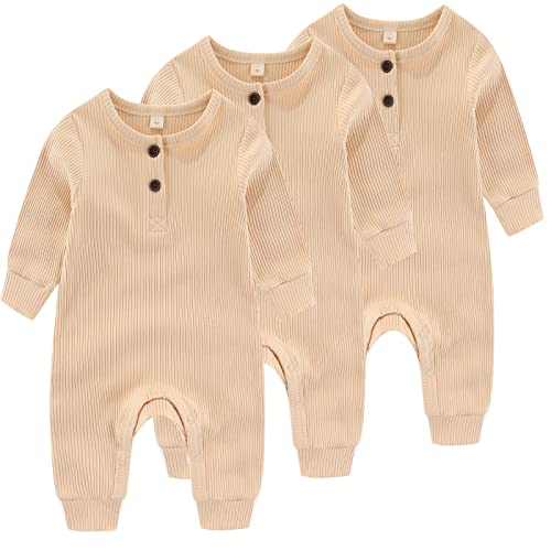 Image of IADOER Newborn Baby Boys Girls One Piece Romper With Mitten Cuffs 3 Pack Long Sleeve Ribbed Button Jumpsuit Outfit Clothes