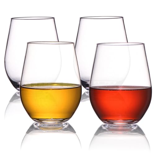 HAHASHOW 470ml Stemless Wine Glasses, Tritan Plastic Wine Tumbler Set of 4, Drinking Glasses Dishwasher Safe for Cocktail Water, Juice