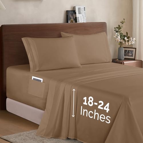 Image of Elegant Comfort Luxury 1500 Premium Hotel Quality Microfiber 4-Piece Sheet Set - Soft, All Around Elastic 18-24 Inches Deep Fitted Sheet - Extra Deep Pocket Sheets, Queen, Taupe