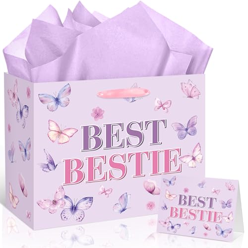 Best Friend Bestie Birthday Gifts for Women, Butterfly Best Bestie Gift Bag with Tissue Paper Card Friendship Gifts for Women BFF Sisters Birthday Wrapping Paper for Valentines Galentines day