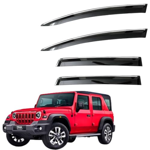Image of CAR SAAZ Unbreakable Chrome Smoke Door Visor for Thar Roxx (2024-present)| Premium Sun, Rain Wind Deflector Chrome Strip Side Door Rain Visor - Set of 4 Pcs