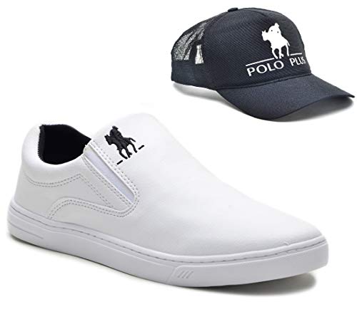 Tênis Slip On Casual Polo Plus Masculino Solado Tr Confort + Boné Cor:Branco;Tamanho:39
