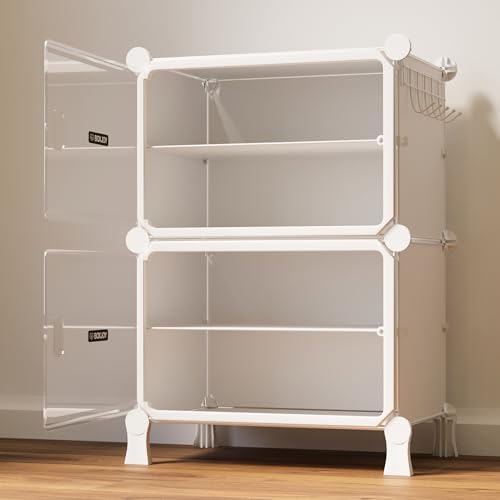 Image of BOXJOY 4 Shelf File Cabinet for Home and Office White Rack with 2 Transparent Doors Hard PET Plastic Drawer Cabinet with Metal Frame Multipurpose File Document Storage and Stationery Organizer