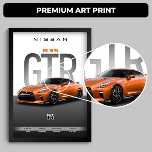 Image of Nissan GTR Poster | Framed A4 Sized (31 x 23 cm) | Car Posters for Wall, Gift for Boys | Nissan GTR Supercar Frames | Poster Sportscar Frame | Car Posters for Wall, Bedroom, Hostel, Study Room, Desk (F 018)
