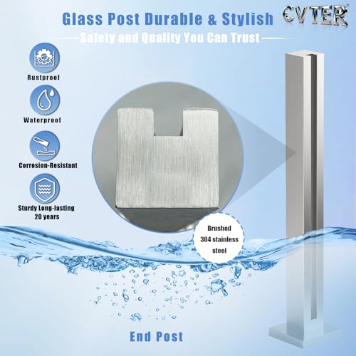 Cvter aus Edelstahl Glasgeländer pfosten mit Einsteckenden 90cm – Schwerlastbereich Glasmontageklemme für Veranda, Stufen, Garten, Terrasse, Treppe, Silbernes