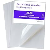 Carta vinile adesiva trasparente A3 | 25 Fogli adesivo stampabile per stampanti inkjet e laser | Vinile trasparente per etichette, adesivi e sticke