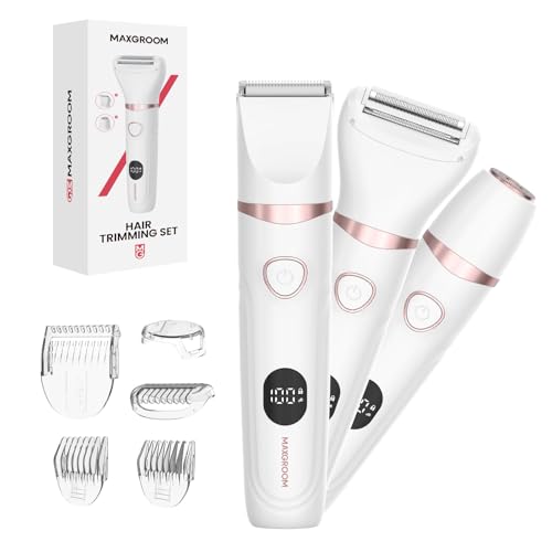 MAXGROOM 3 in 1 Lady Shaver for Women Wet & Dry Electric Razor IPX6 Waterproof Bikini Trimmer for Pubic Hair LED Display Hypoallergenic for Sensitive Skin Facial Legs Underarms Body Groomer