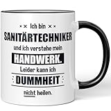 JUNIWORDS Tasse, Ich bin Sanitärtechniker und ich verstehe mein Handwerk. Leider kann ich Dummheit nicht heilen, Schwarz (6252425)